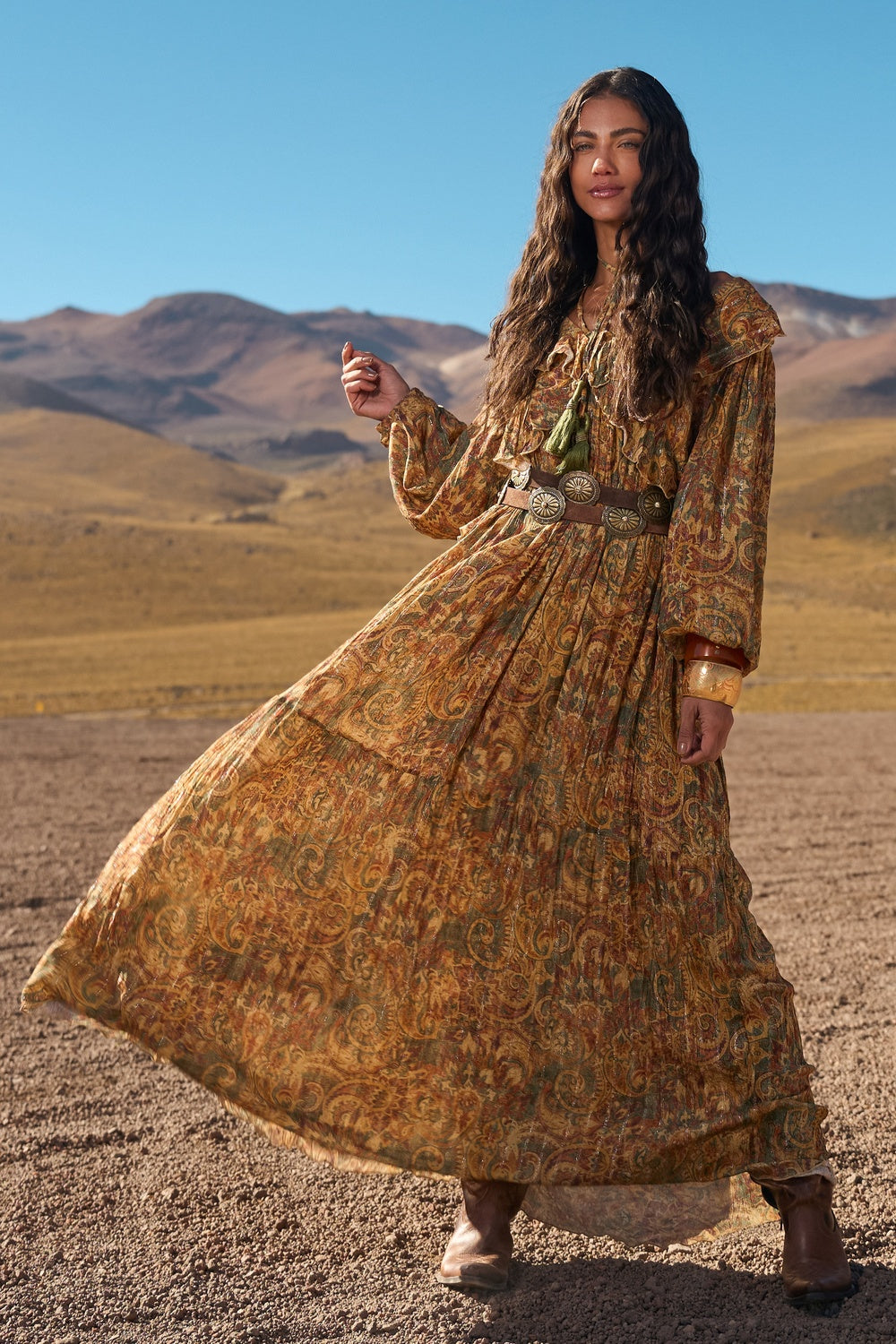 Dark Beige Paisley Lurex Long Dress Yacamim C7