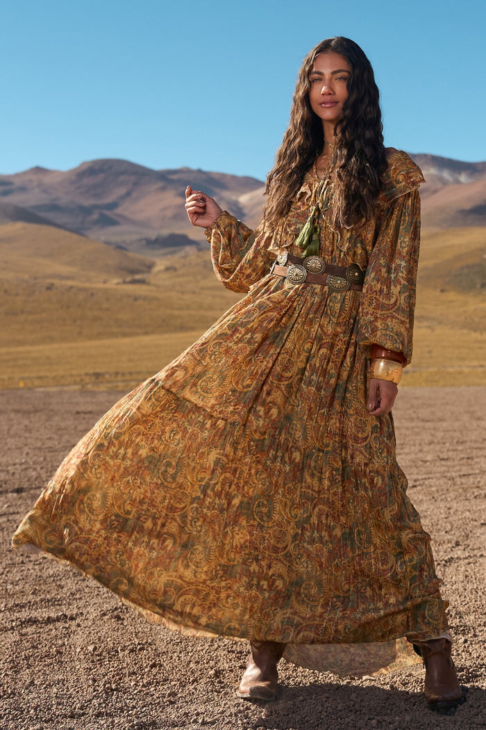 Dark Beige Paisley Lurex Long Dress Yacamim C7