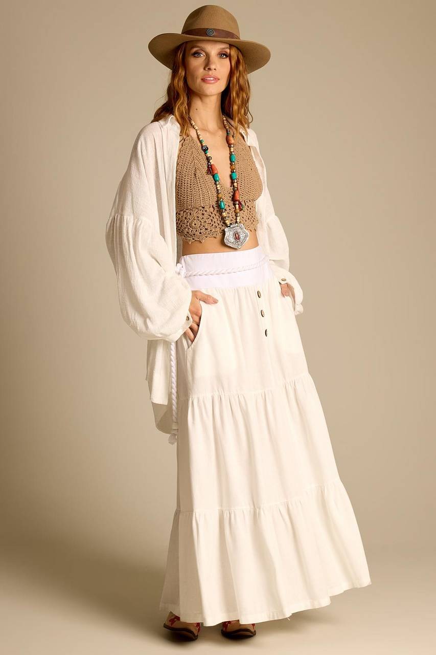 Yacamim F24 Women's White Long Linen Skirt with Braided Belt