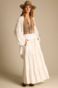 Yacamim F24 Women's White Long Linen Skirt with Braided Belt