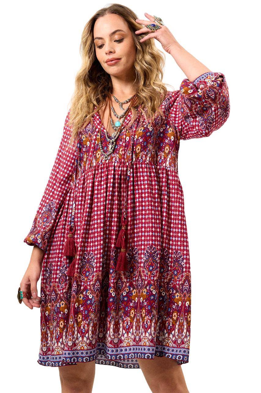 Yacamim Printed Burgundy Short Dress with Puff Long Sleeves