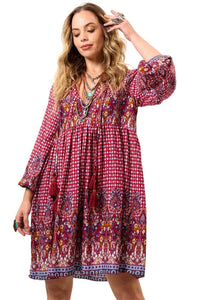 Yacamim Printed Burgundy Short Dress with Puff Long Sleeves