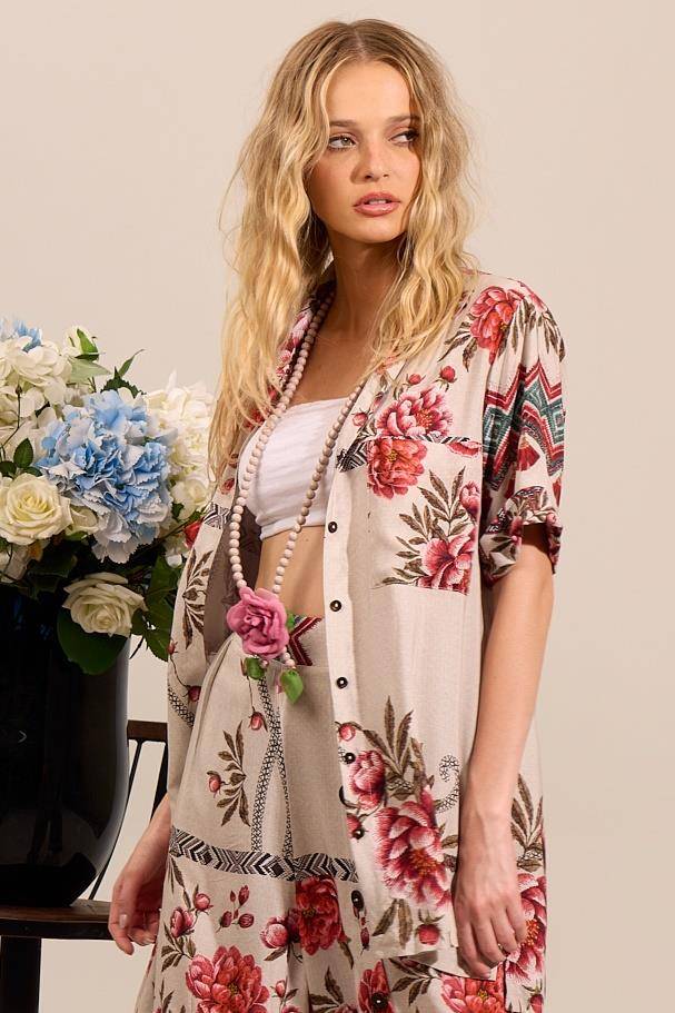 Yacamim A8 Printed Beige Short-Sleeved Loose Shirt