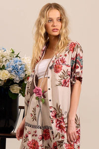 Yacamim A8 Printed Beige Short-Sleeved Loose Shirt