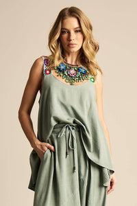 Yacamim Women's Green Linen Cropped Tank Top with Crochet Straps A12