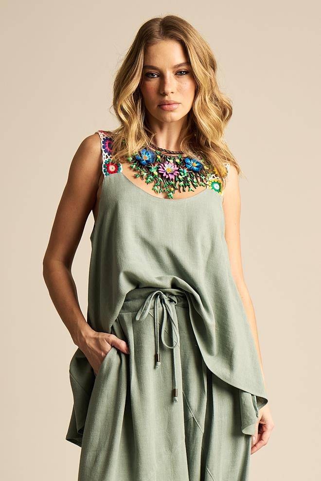 Yacamim Women's Green Linen Cropped Tank Top with Crochet Straps A12