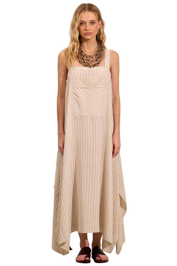 Yacamim Striped Beige Linen Midi Dress