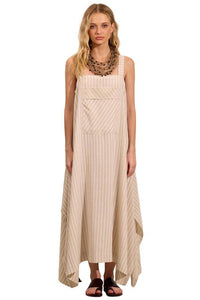 Yacamim Striped Beige Linen Midi Dress