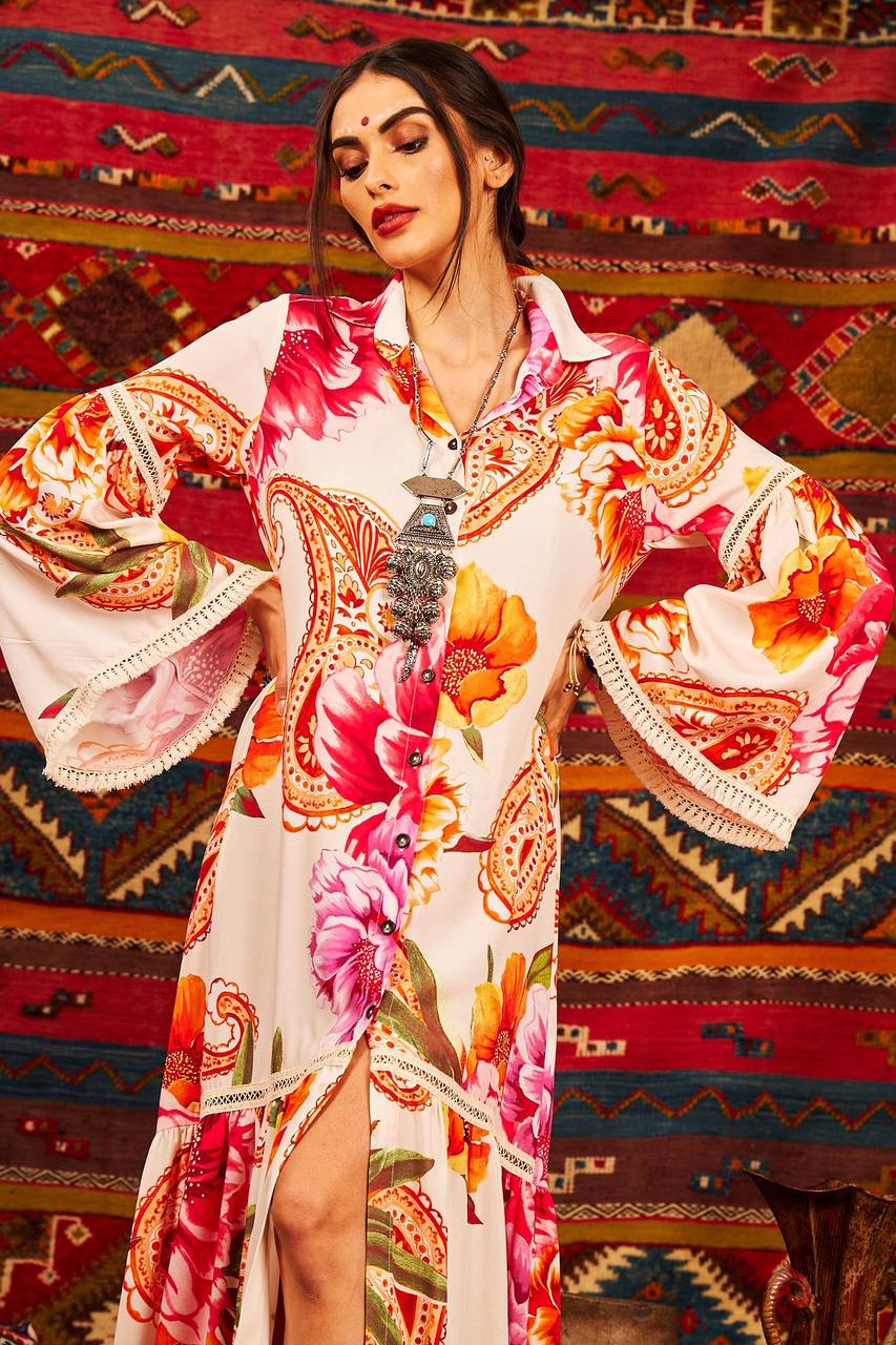 Yacamim Beige Cashmere Print Midi Shirt with Flared Long Sleeves