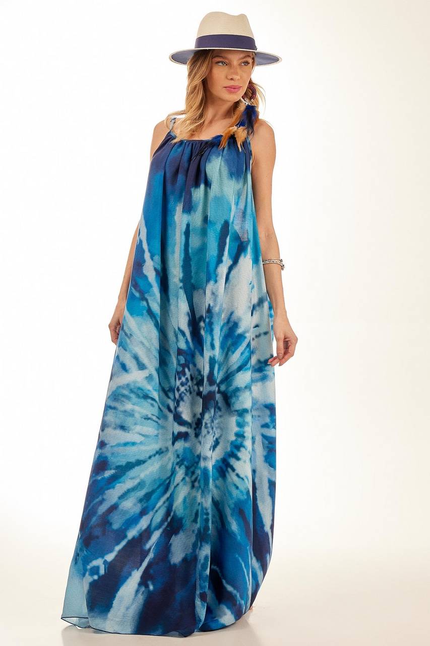 Yacamim Blue Digital Print Tie-Dye Long Dress