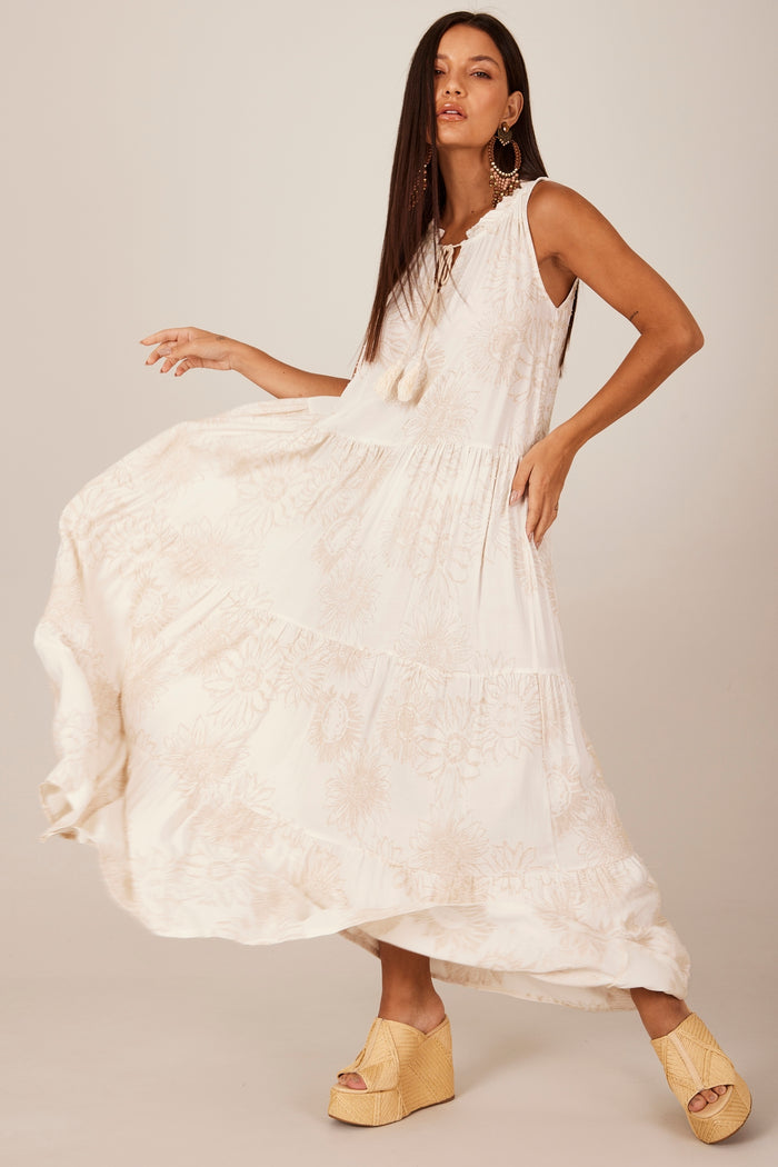 Yacamim C14 Beige Printed Linen Long Tank Dress with Ruffles