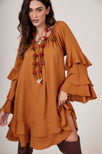 Yacamim D12 Plain Caramel Off-the-Shoulder Mini Dress