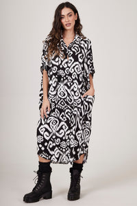 White and Black Printed Midi Shirt Dress Yacamim N9