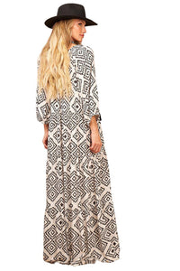 Yacamim Printed White Long Dress with Long Sleeves