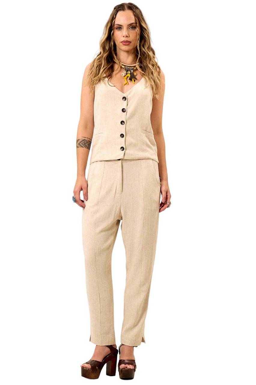 Yacamim Beige Viscose Linen Tailored Pants with Pockets