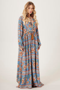 Yacamim E26 Blue Paisley Long Dress with Puff Sleeves