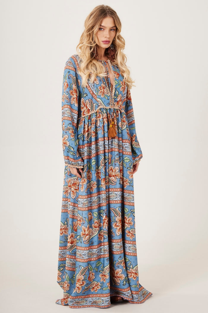 Yacamim E26 Blue Paisley Long Dress with Puff Sleeves