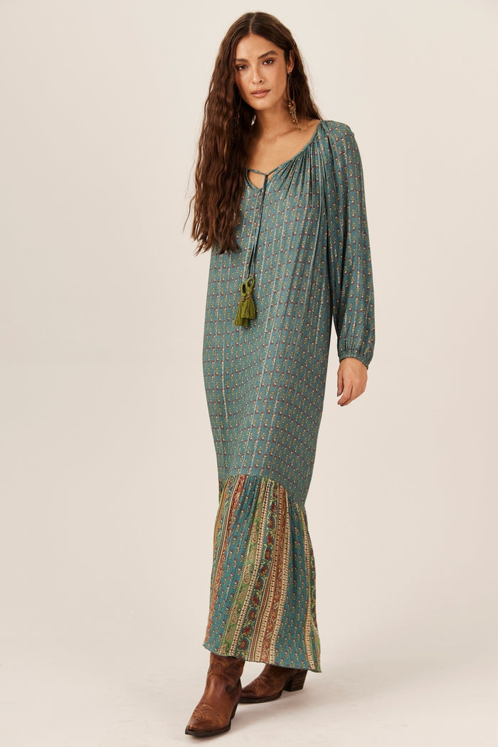 Yacamim E14 Green Patchwork Lurex Long Dress