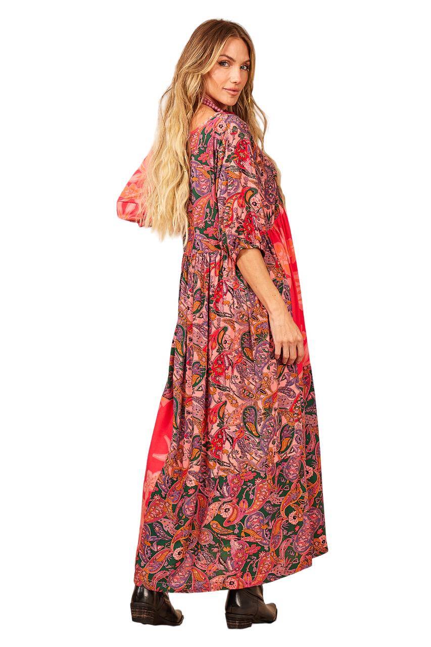 Women's Pink Patchwork Pom Pom Drawstring Long Dress