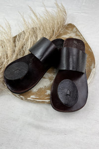 Yacamim Women's Dark Brown Leather Flat Sandal with Wide Strap #124