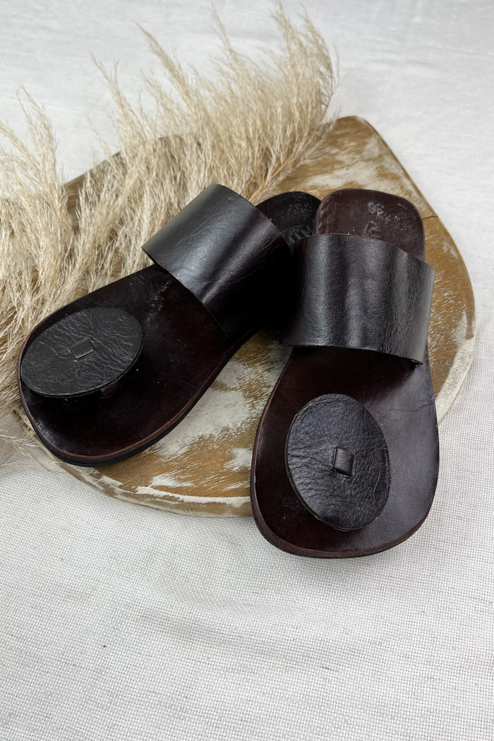 Yacamim Women's Dark Brown Leather Flat Sandal with Wide Strap #124