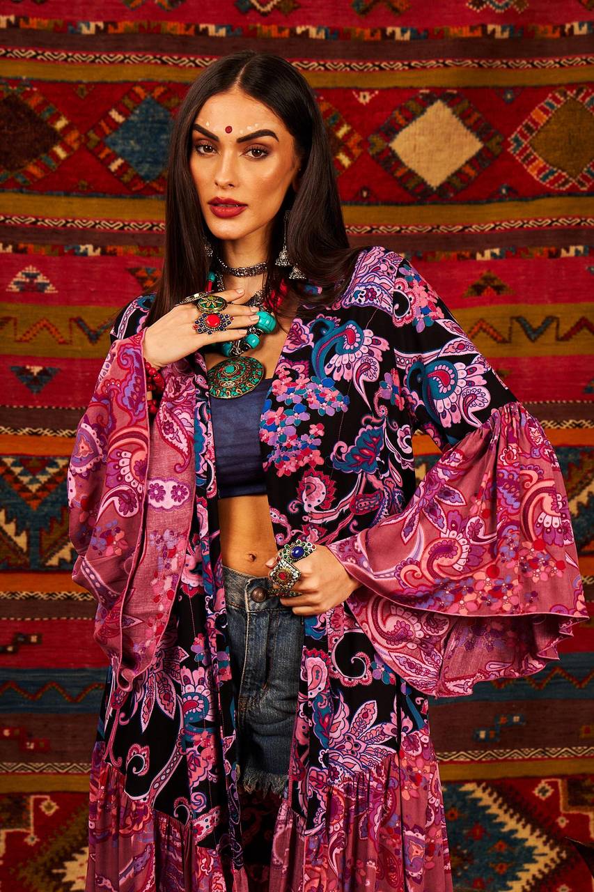 Yacamim Women's Long Kimono with 3/8 Flare Sleeves, Pink Patchwork Print
