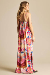 Yacamim E19 Pink Butterfly Print Long Dress with Adjustable Straps