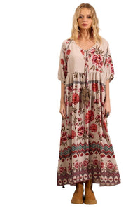 Long Printed Beige Yacamim Dress with Pom-Pom Drawstring