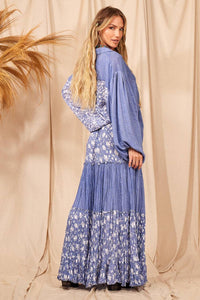 Yacamim E14 Blue Patchwork Loose Blouse with Puffy Long Sleeves