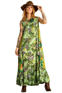 Yacamim Green Patchwork Sleeveless Midi Dress
