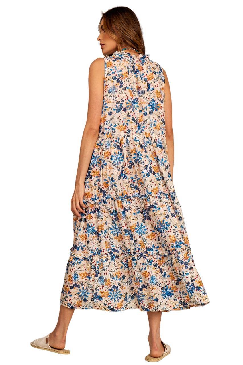 Yacamim Off-White Broderie Midi Dress with Print