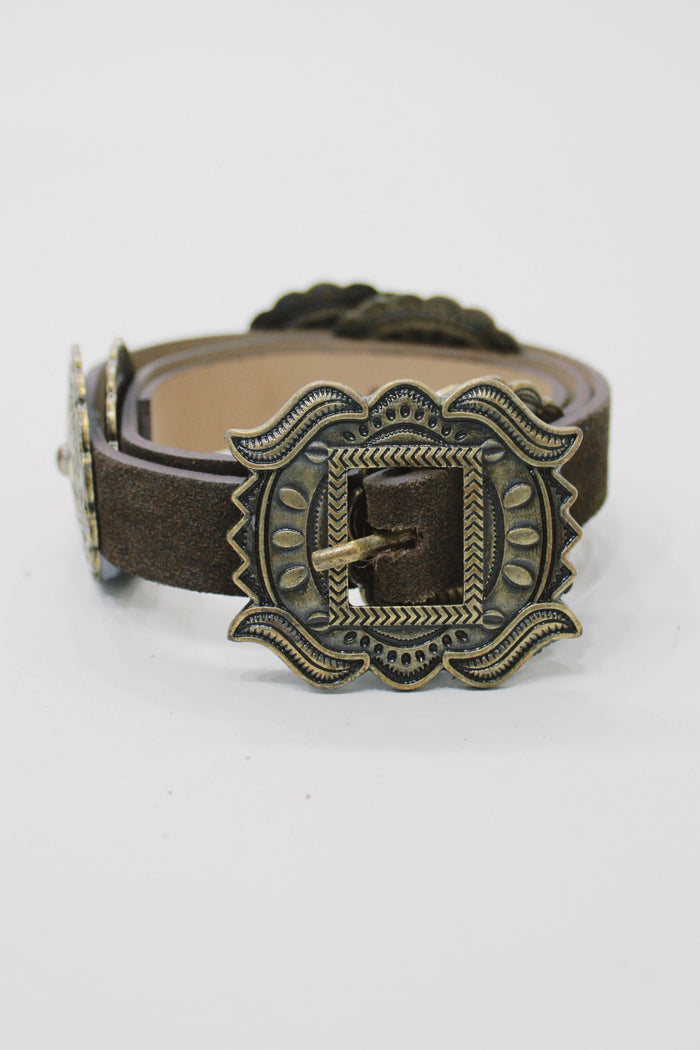 Dark Brown Leather Belt with Old Gold Buckle Yacamim #661