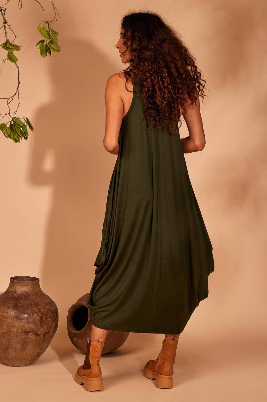Yacamim Dark Green Midi Sleeveless Dress with Pockets