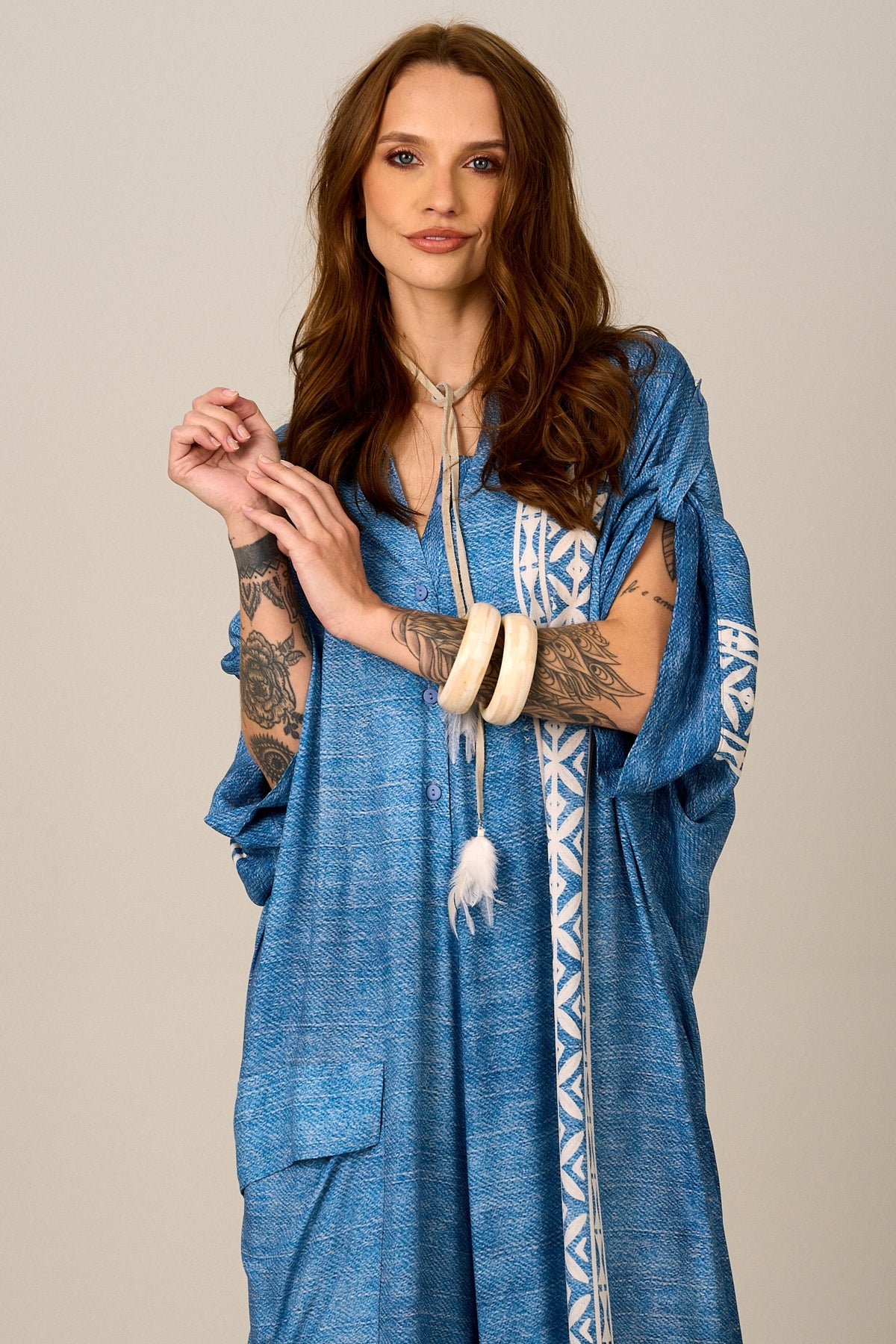 Yacamim Blue Printed Wide-Leg Long Jumpsuit O2