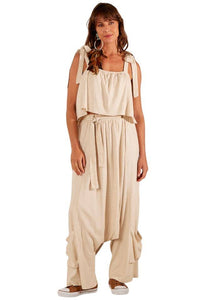 Yacamim A25 Beige Linen Sarouel Pants with Leg Pockets
