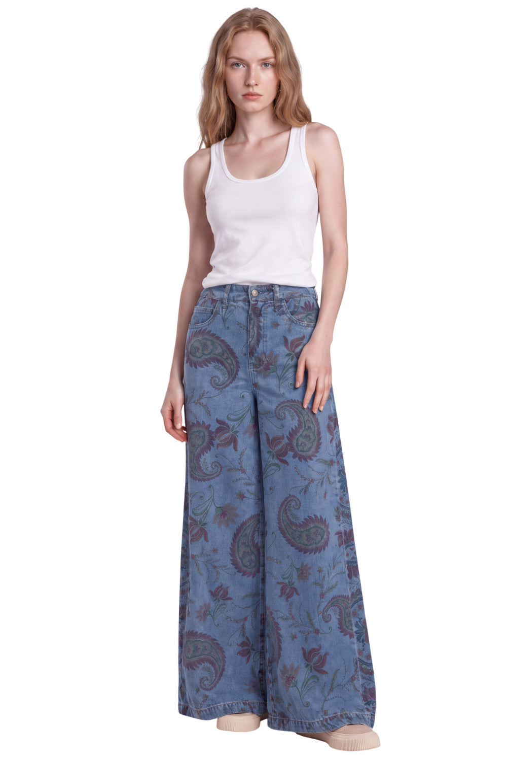 Calça Jumbo Jeans Azul Estampa Paisley Yacamim R8