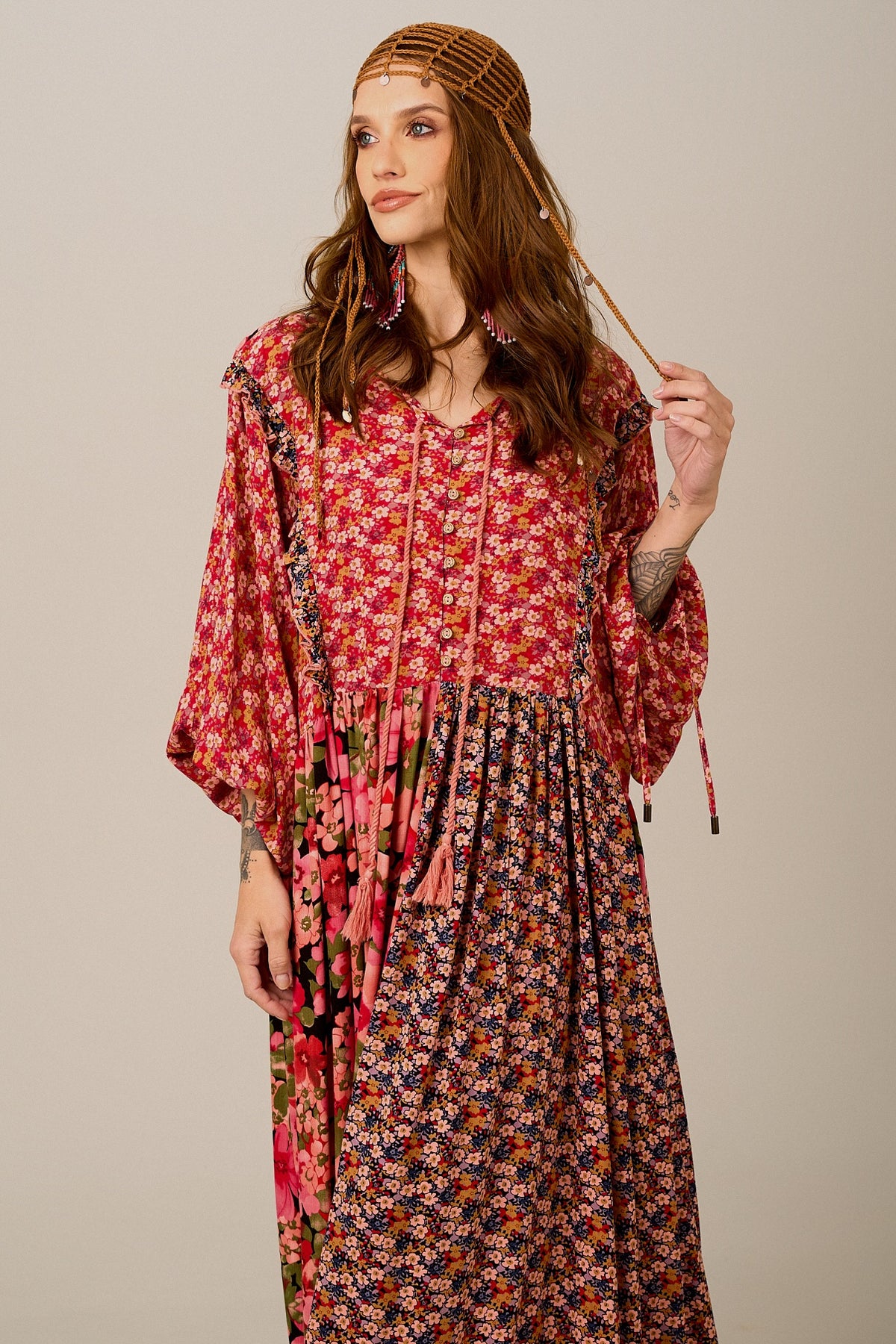 Yacamim D7 Loose Pink Floral Patchwork Long Dress