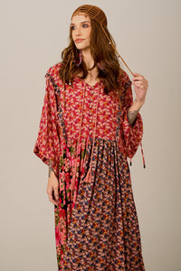 Yacamim D7 Loose Pink Floral Patchwork Long Dress
