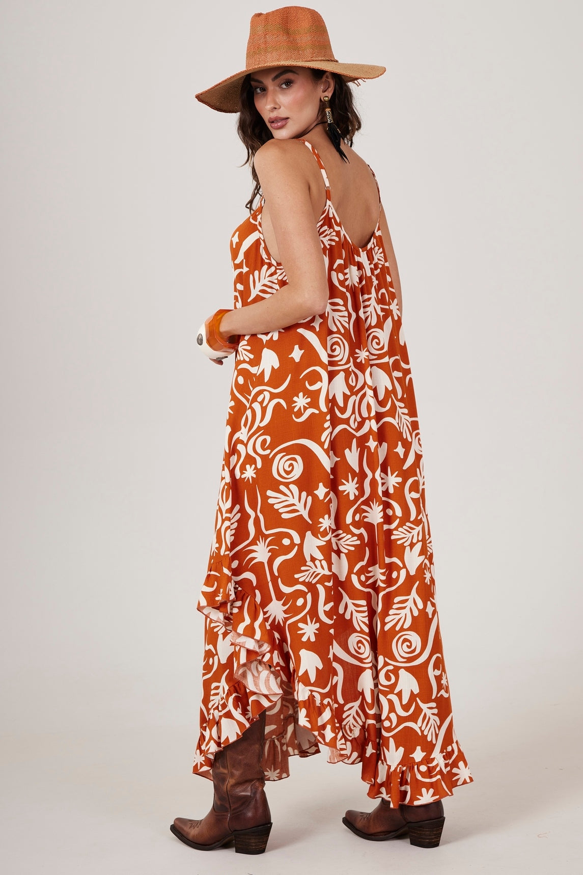 Yacamim C2 Long Printed Dress with Adjustable Straps Orange