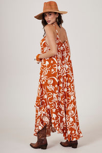 Yacamim C2 Long Printed Dress with Adjustable Straps Orange