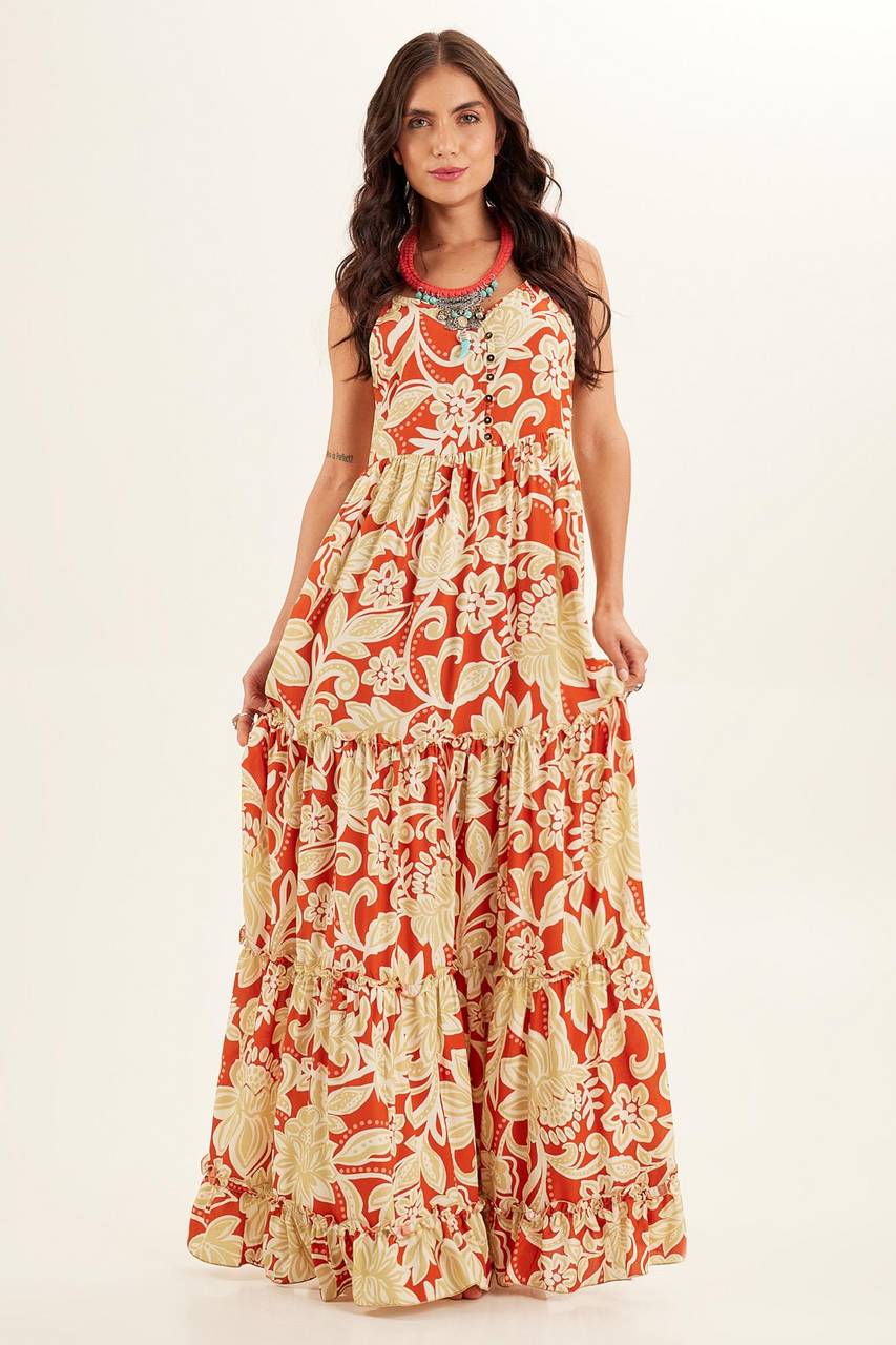 Long Dress with Adjustable Straps Orange Printed Yacamim C3