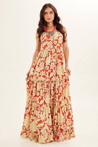Long Dress with Adjustable Straps Orange Printed Yacamim C3