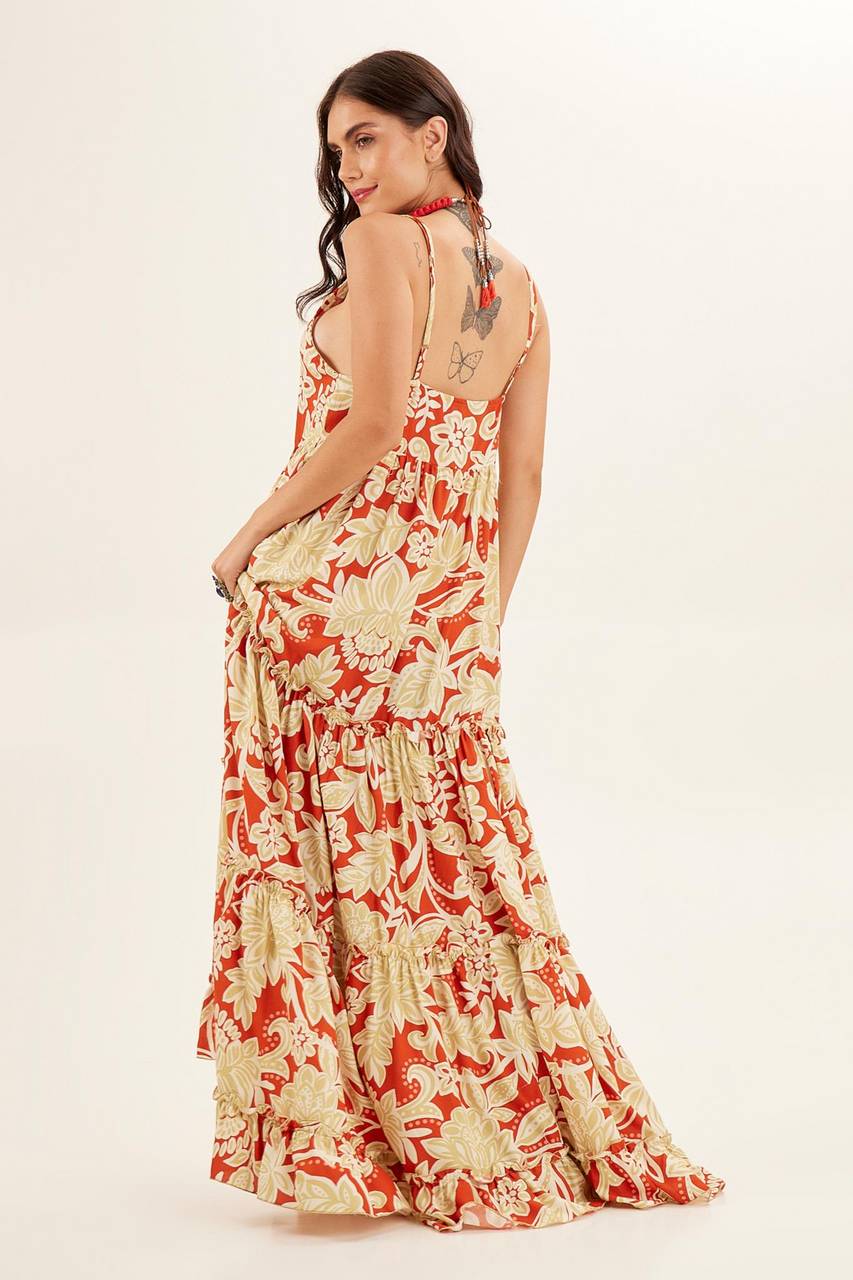 Long Dress with Adjustable Straps Orange Printed Yacamim C3