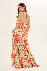 Long Dress with Adjustable Straps Orange Printed Yacamim C3