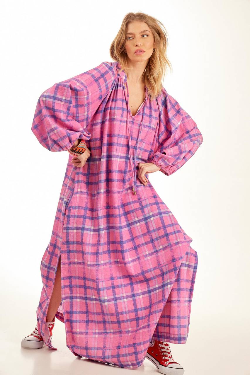 Yacamim Pink Plaid Long Dress with Puffy Long Sleeves