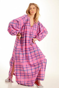 Yacamim Pink Plaid Long Dress with Puffy Long Sleeves