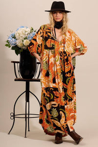 Yacamim Orange Patchwork 3/4 Sleeve Midi Dress D16