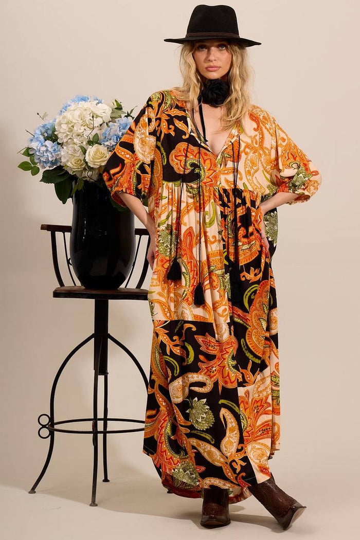 Yacamim Orange Patchwork 3/4 Sleeve Midi Dress D16