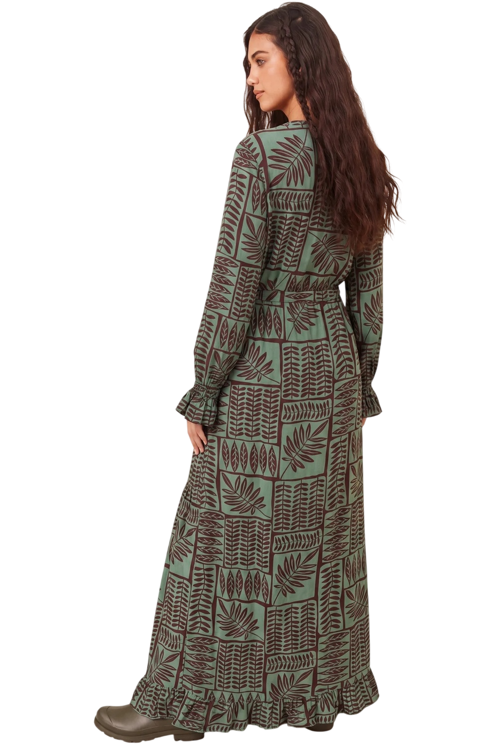 Vestido Longo Com Fechamento De Botões Verde Estampado Yacamim C7