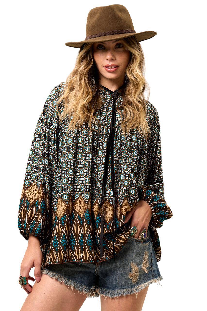 Yacamim Women's Black Printed Batwing Blouse with Puffed Long Sleeves B12